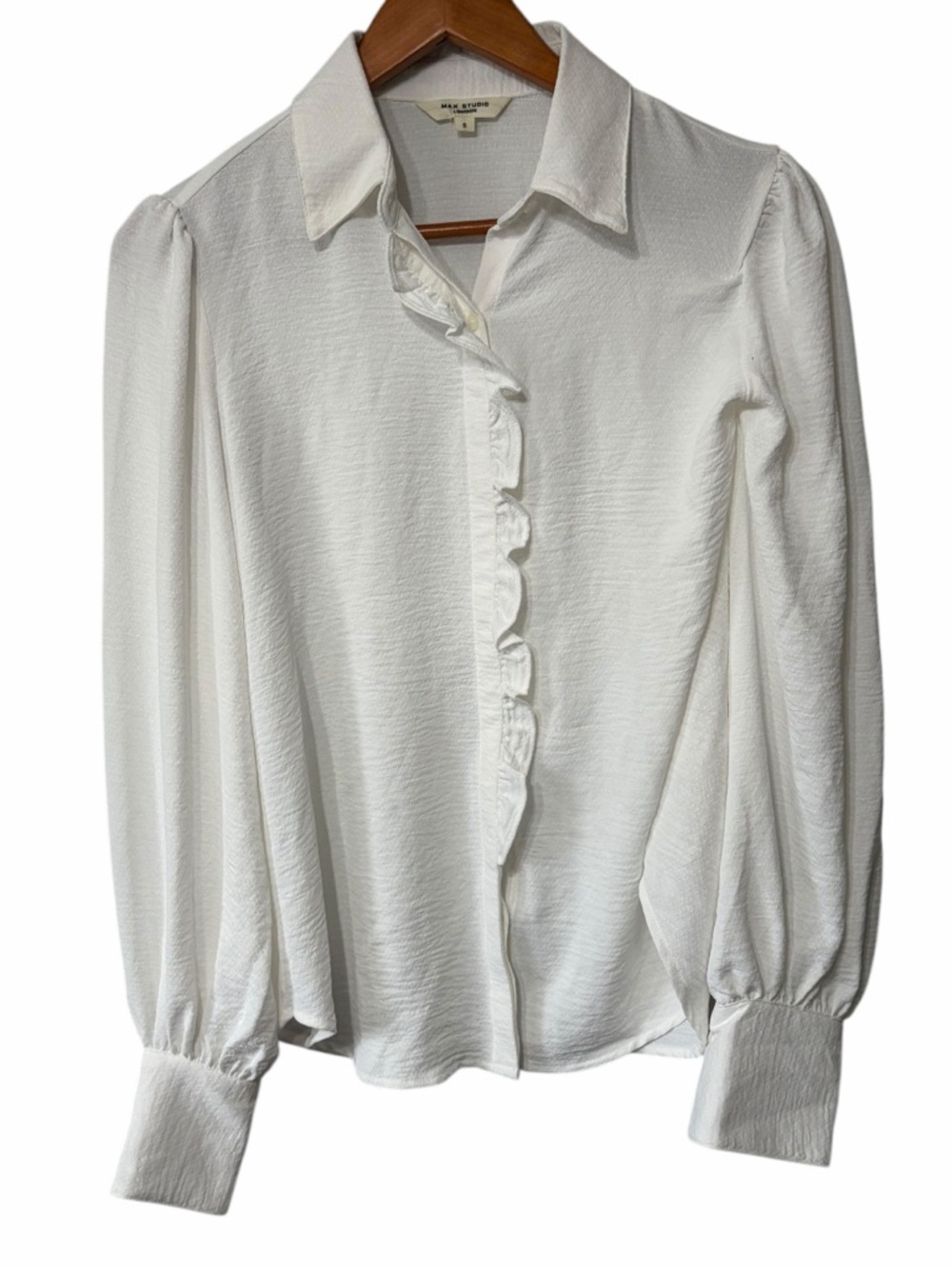 Max Studio White Ruffle-Front Button Down Blouse - Picture 2 of 5